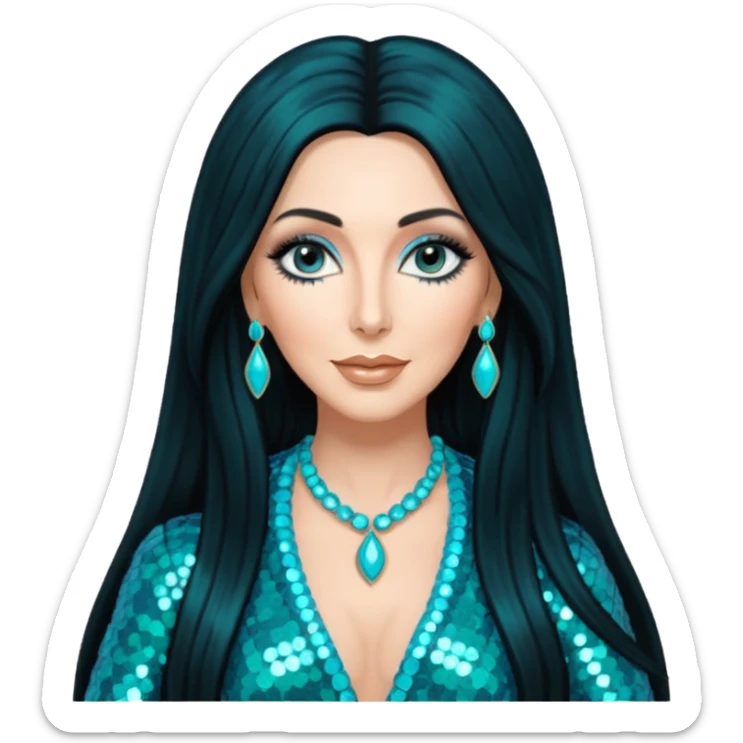 Cher, Goddess of Pop from Famous People with long jet black hair, turquoise sequin outfit sticker
