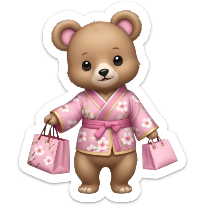 A cute baby bear character in pastel style, standing upright like a human. 
Light brown soft fur, large round ears, rounded paws and feet. 
Wearing a pink kimono with soft cherry blossom patterns on the sleeves and bottom, Holding a cute pastel shopping bag with one paw, walking pose. sticker