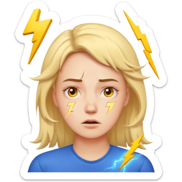 stressed woman with lightning symbol near head, tired face, calm emoji colors, shows stress and cortisol effect on skin sticker