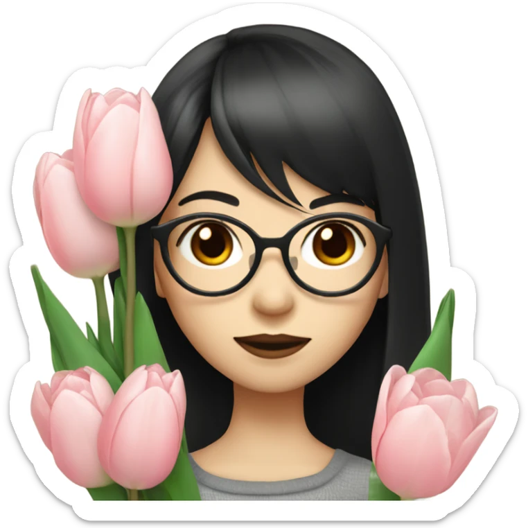 asian pale skin girl with long black hair and bangs and glasses holding tulips sticker