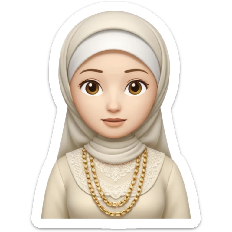 female memoji character, iPhone style, wearing white hijab, white lace top, pleated long skirt, cream handbag with gold chain, soft 3D shading, cute expression, no background, transparent PNG sticker