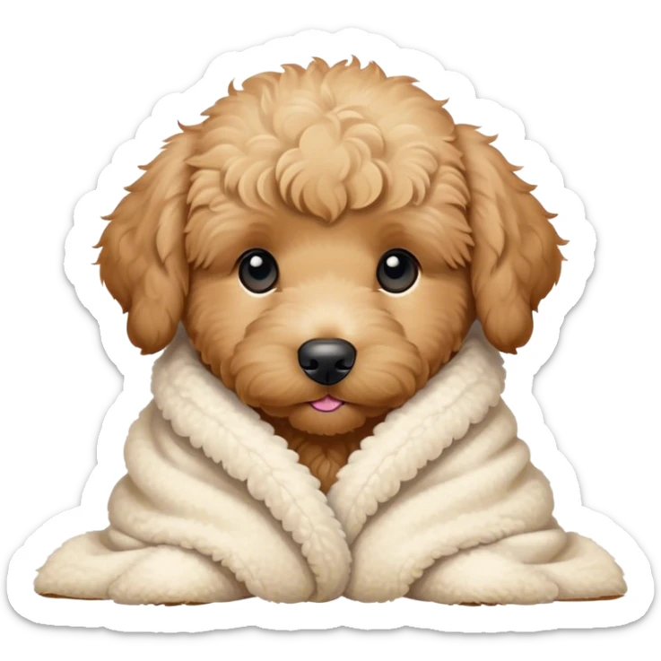 goldendoodle puppy cozy in a sherpa blanket, kawaii disney-style cute sticker