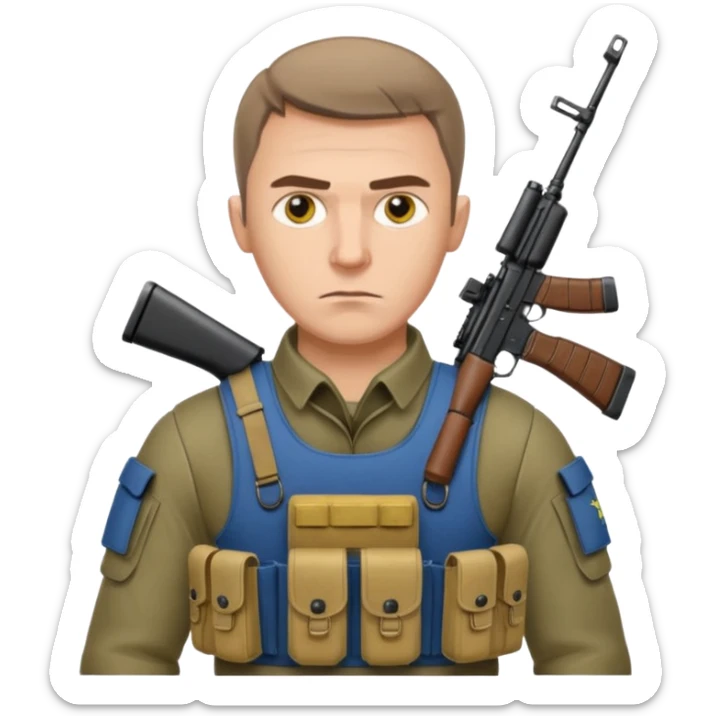 Ukrainian intelligance agency warrior man in platecarrier with nato riffle and ukrainian gerb sticker