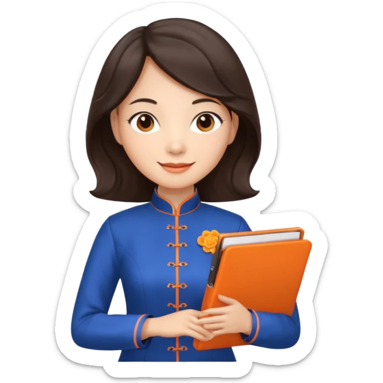 Teacher emoji but : wavy dark brown hair, light skin, no glasses, dark eyes, with a computer folder in the hand (color is orange), being a teacher, wearing a chinese qipao ( dark blue)


 sticker