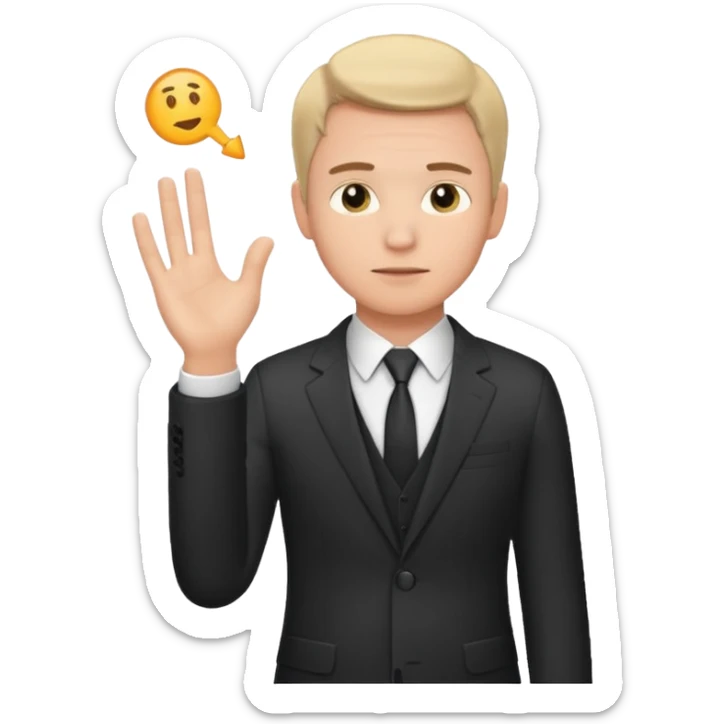 white man in formal suit in thought, holding something in the palm of his hand sticker
