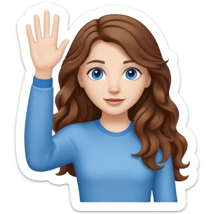 White girl with brown long wavy hair, blue eyes. the memoj has to wave with the han sticker