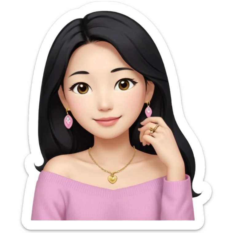 South Korean girl in her mid-thirties with long black hair and a middle part. She is wearing a baby pink, off the shoulder long sleeve knit sweater. She has small gold earrings and a gold necklace. She has brown eyes with narrow, mono lid shape and smiling with lips together sticker