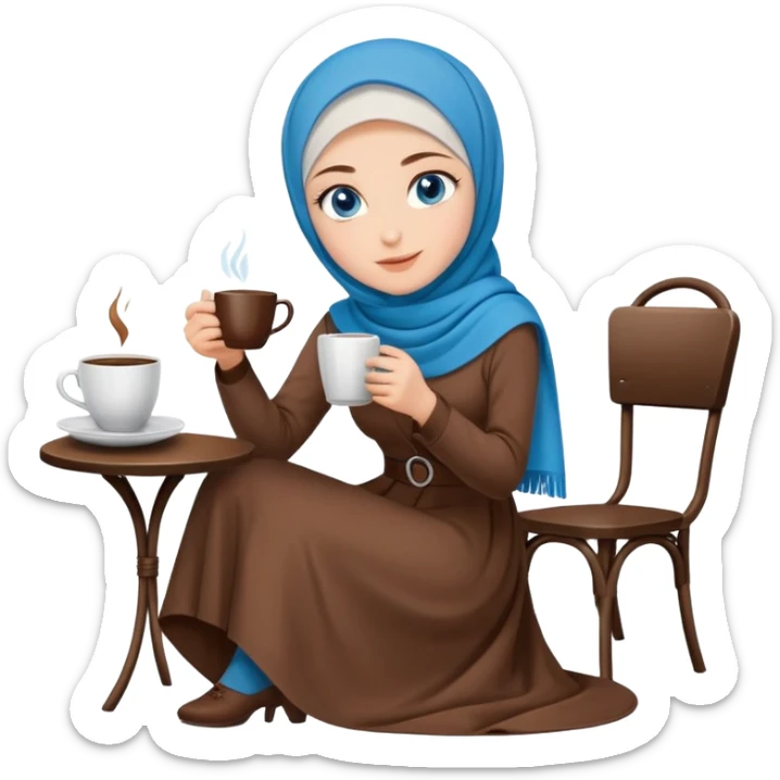 Turkish beautiful finish Konya girl blue eyes with brown hijab long tail dress and sits on the chair on the ground and holds cup coffe with her hand  sticker