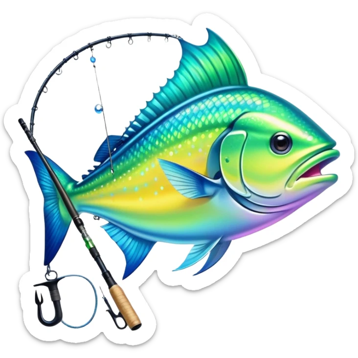 magical aurora borealis fishing rod fishing a sparkly mahi mahi sticker