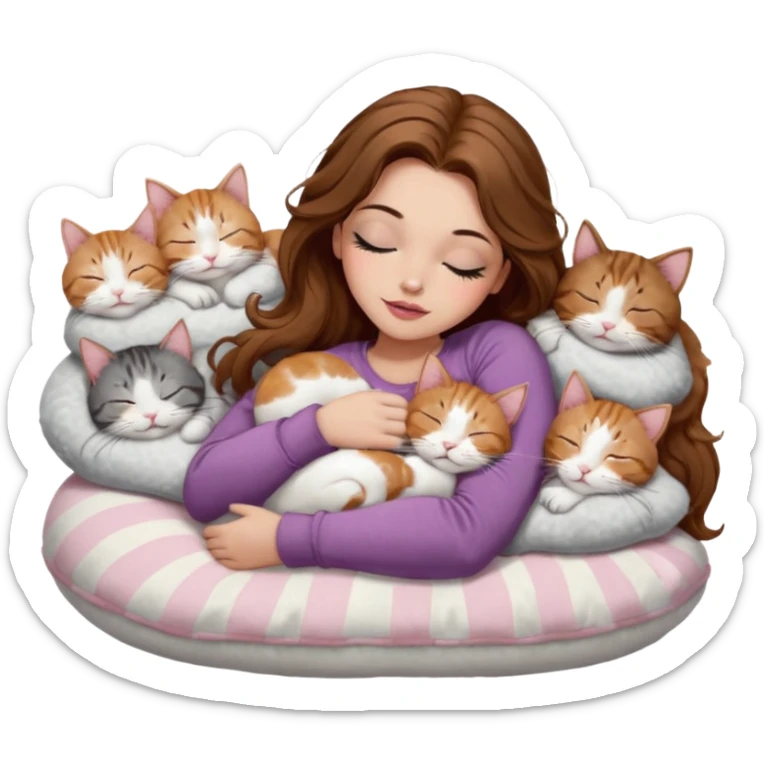 girl with long wavy brown hair, brown eyes, long lashes makeup, sexy pink lips, light to medium complexion,  sleeping on a cozy pillow, with 6 cats: 1 brown and white tabby cat, 1 ginger and white, 2 grey and white, 1 grey has white mittens and small white patch on its chest and 1 calico, sleeping sticker