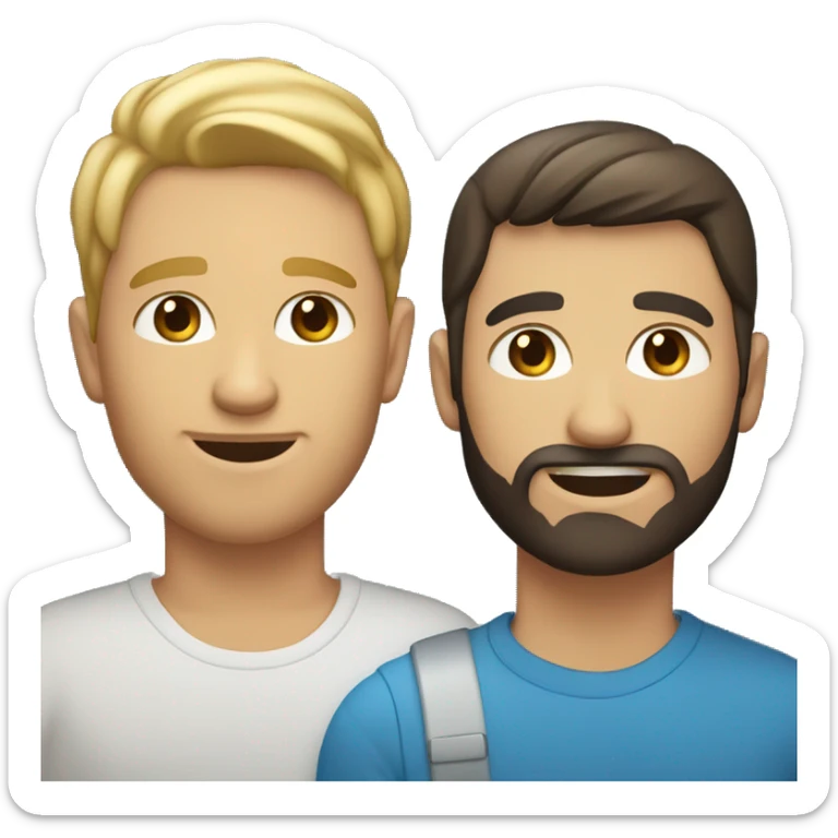 Gay male couple. One has blond hair and blue eyes and no facial hair. The other guy has dark hair and brown eyes and a beard sticker