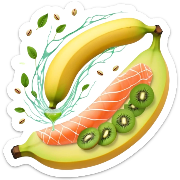 Banana, spinach, salmon fillet, sliced kiwi, pistachios, and a glass of orange juice emitting electrical sparks that flow toward a heart and nervous system. The electrical currents highlight the role these potassium-rich foods play in maintaining heart rhythm and muscle function. sticker