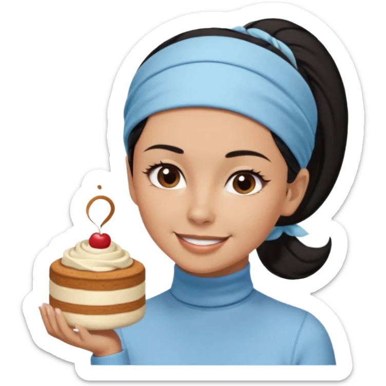  tan skin woman with long face, and short black hair slicked back ponytail with forehead showing, wearing a light blue headband and wearing pale blue turtleneck shirt, eating tiramisu smiling with hair pulled back sticker