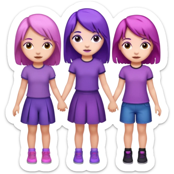 3 girls holding hand middle girl got purple hair left girl got pink hair right girl got black hair sticker
