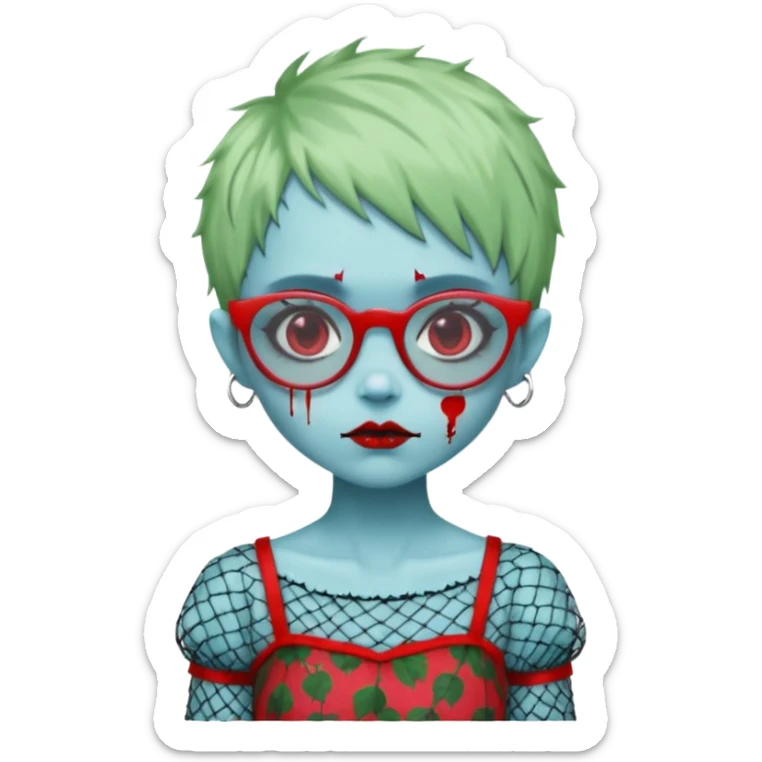 Ghoulia yelps monster high doll in scene/emo style cherry print dress with fishnet sleeves, clothes, thin, small, red, rectangle glasses, pale white-blue skin, pale-green shaggy pixie-cut , zombie scars , boy sticker