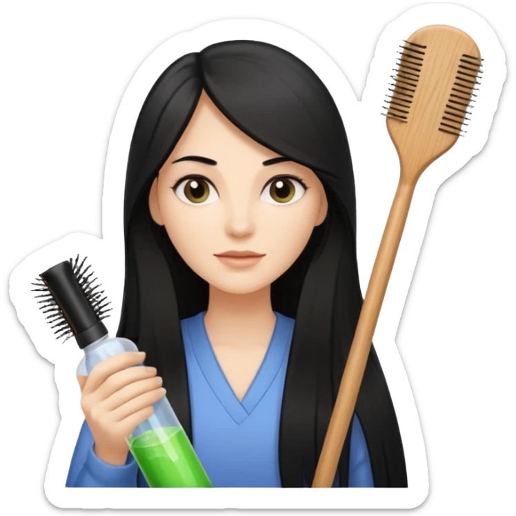 A white woman with long, straight black hair, holding a spray bottle in one hand and a wooden paddle hairbrush in the other. sticker