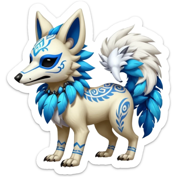 Furry cute colorful exotic tribal feral anime-styled Fakémon-Pokémon-animal-creature with a white wolf-skull-head-mask-face, and blue feathers around neck, with long furry ears, long furry tail, 4 legs, (full body), with intricate pattern-markings sticker