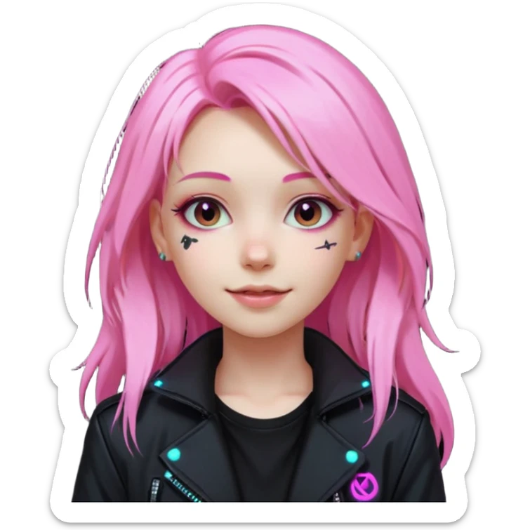 girl neon cyberpunk light pink happy long hair sticker