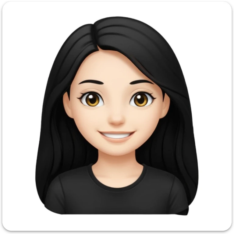 Uzun Siyah, uçları çok hafif sarı düz saçlı , gözlüklü, eyelinerli siyah tişörtlü gülümseyen bir kız emojisi yap sticker