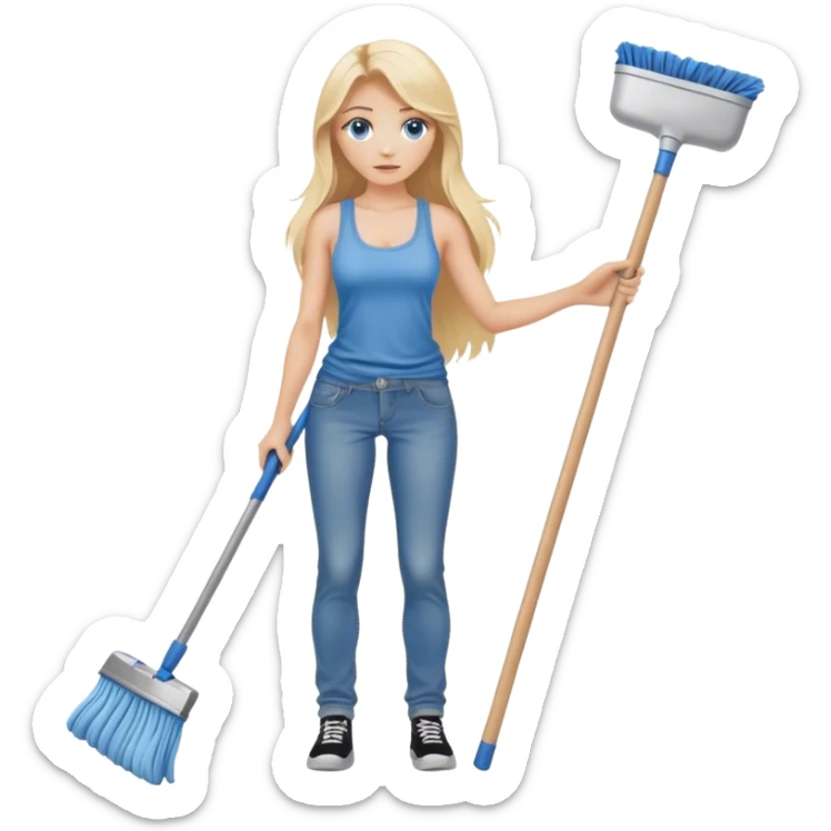 Cinematic realistic blonde with long hair and blue eyes, dressed in jeans and a tank top, holding a mop in her hands sticker