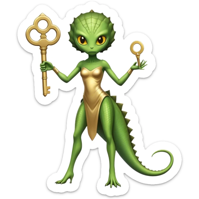 a reptilian alien woman full body, in gold dress, hold big key, yellow eyes sticker