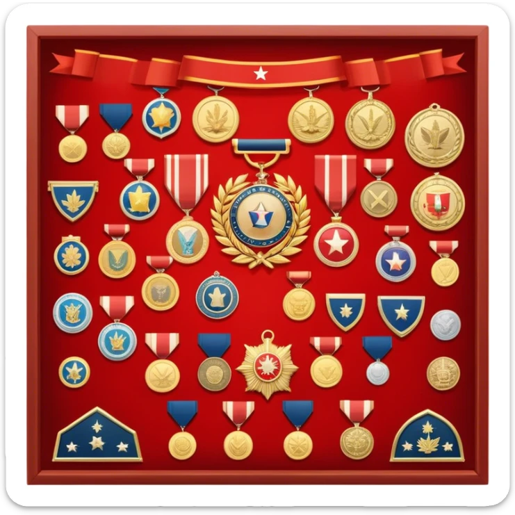 Icon for Collecting Orders, Medals & Badges: a variety of vintage orders, medals and badges, displayed neatly on a big red pennant or in a display case. The icon should reflect the honor and historical significance of these collectible items. Transparent background. sticker
