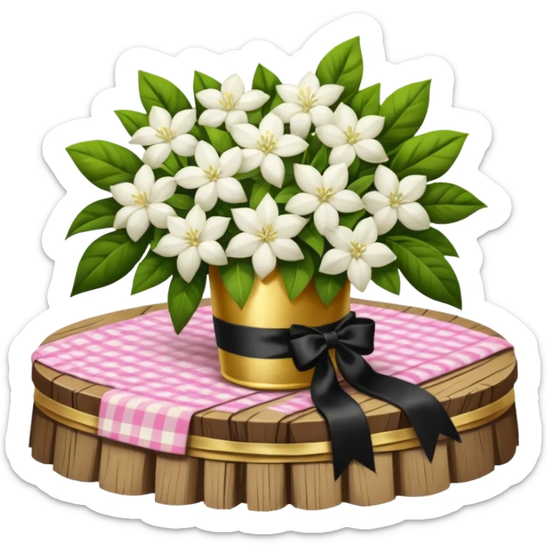 A lush bouquet of white color Jasmin black satin ribbon, resting on an antique wooden table, with a pale yellow and pink plaid pattern table cloth sticker