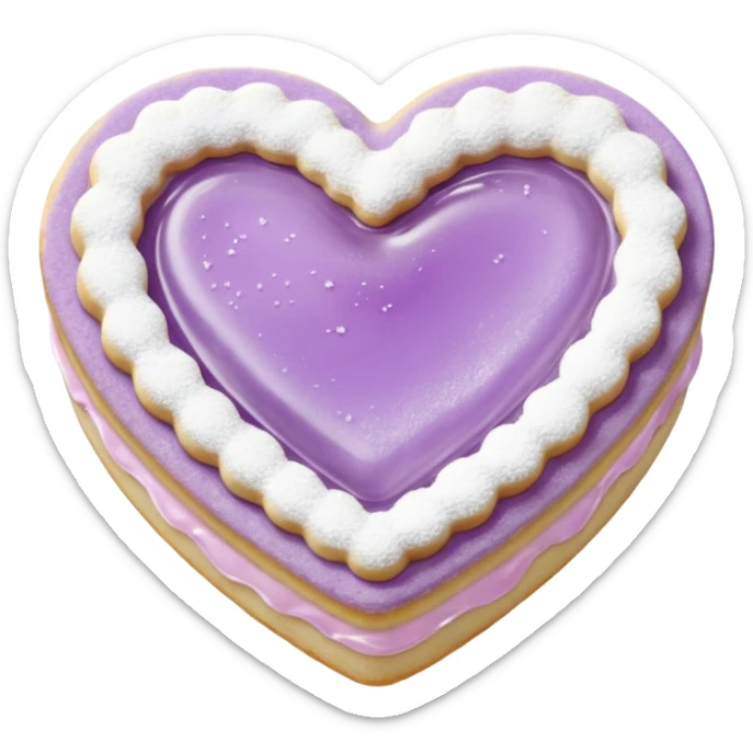 Realistic shortbread cookie in the shape of a heart with pale lilac color jelly middle filling and sprinkled powder sugar on top. sticker