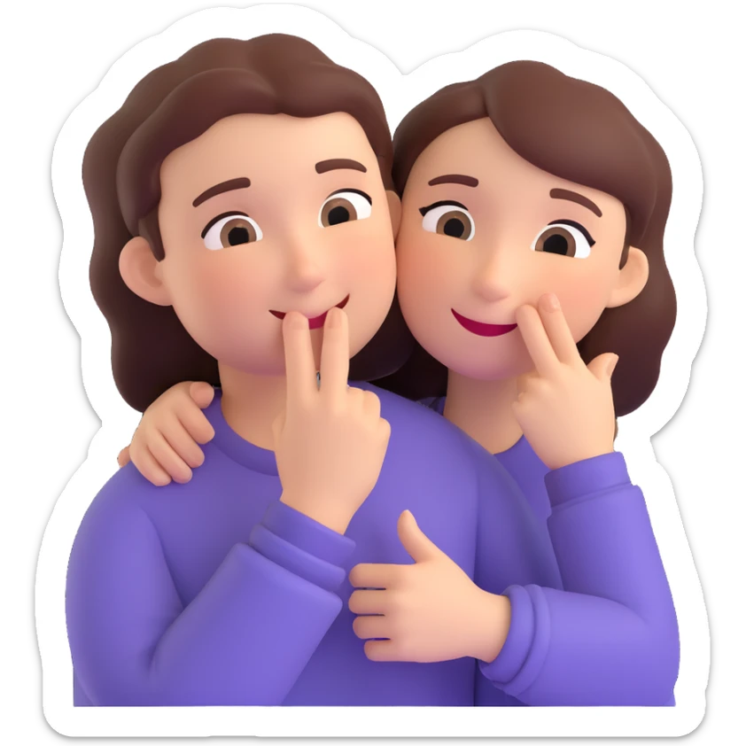 A person hugging another person with a mysterious smile and a finger to their lips sticker