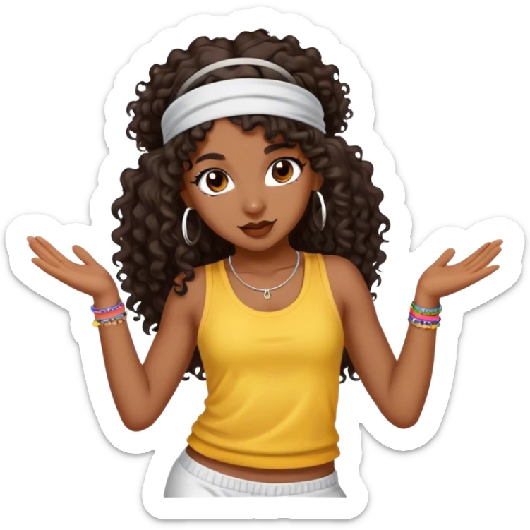 Dancing dark brown girl with long darn brown curly hair with headband hip hop sticker