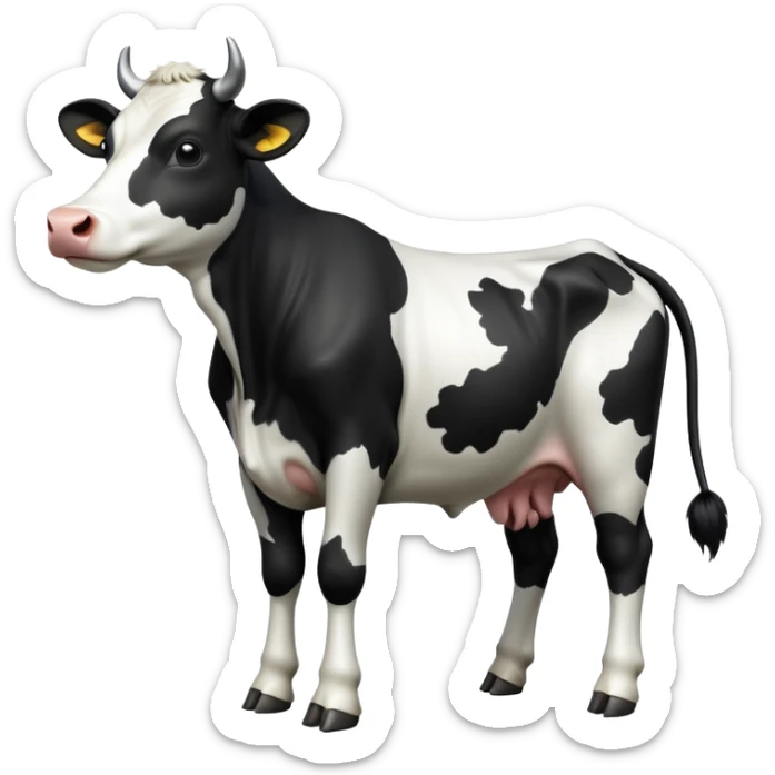 cinematic-[cow]-realistic-full-body-standing-emoji,-tail-flicking-lazily,-head-tilted-dramatically,-sleek-[black and white]-fur,-simplified-yet-realistic-focused-features,-highly-detailed,-glowing-with-an-almost-sarcastic-glow sticker