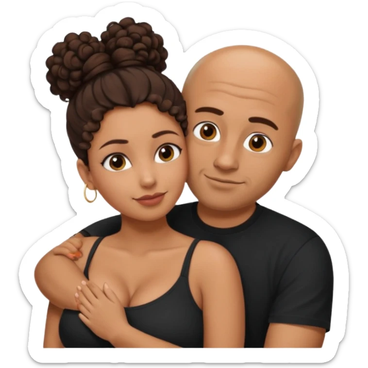 A picture of a tanned couple embracing. the man is a Mexican man with tanned skin, a bald hair cut, short beard and wearing a black shirt. the woman is mixed, with curly brown hair in a messy bun and with big boobs  sticker