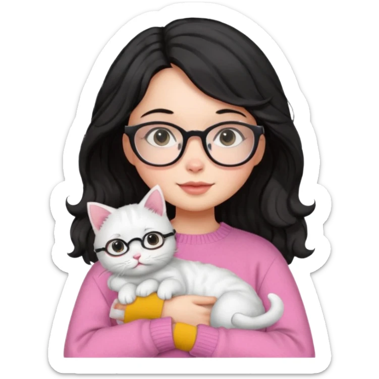a girl with a black wavey hair, wearing a pink sweater and glasses, holding a cute white cat, only upper body, high quality. sticker