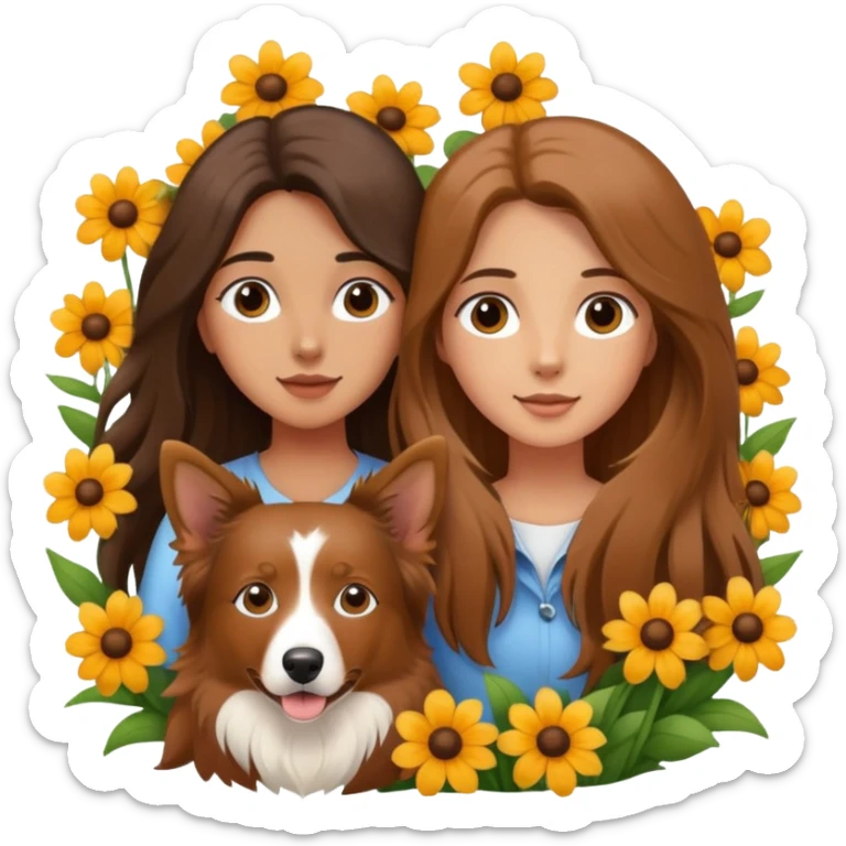 A long-haired girl is holding a brown Border Collie in the flowers sticker