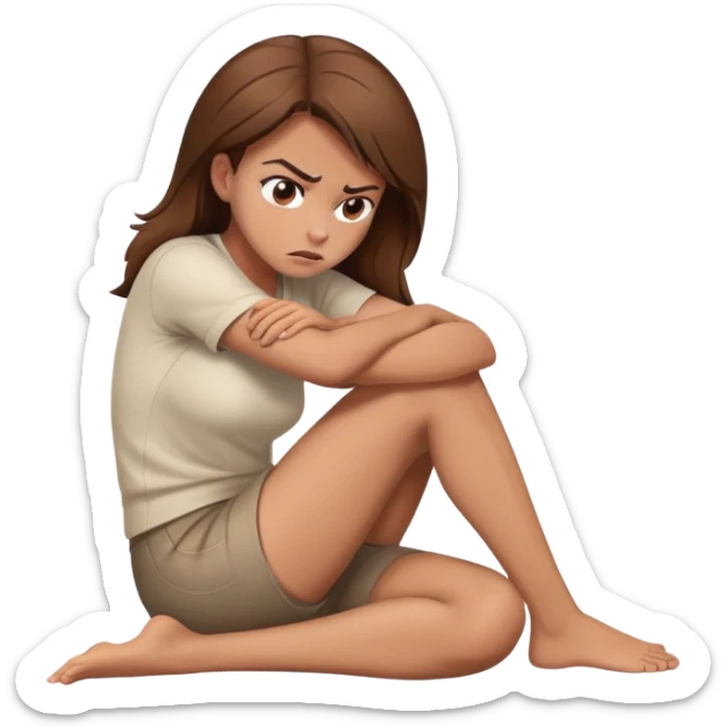 angry woman with brown hair sitting in profile on a floor hugging her knees avoiding conversation  sticker