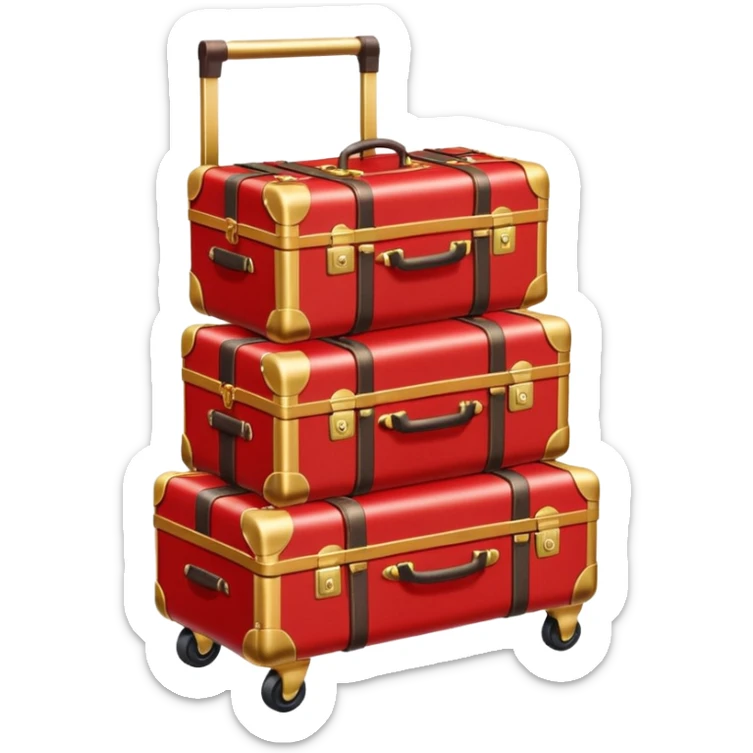 Luggage cart: A polished gold luggage cart with a red carpet base, neatly stacked with suitcases. sticker