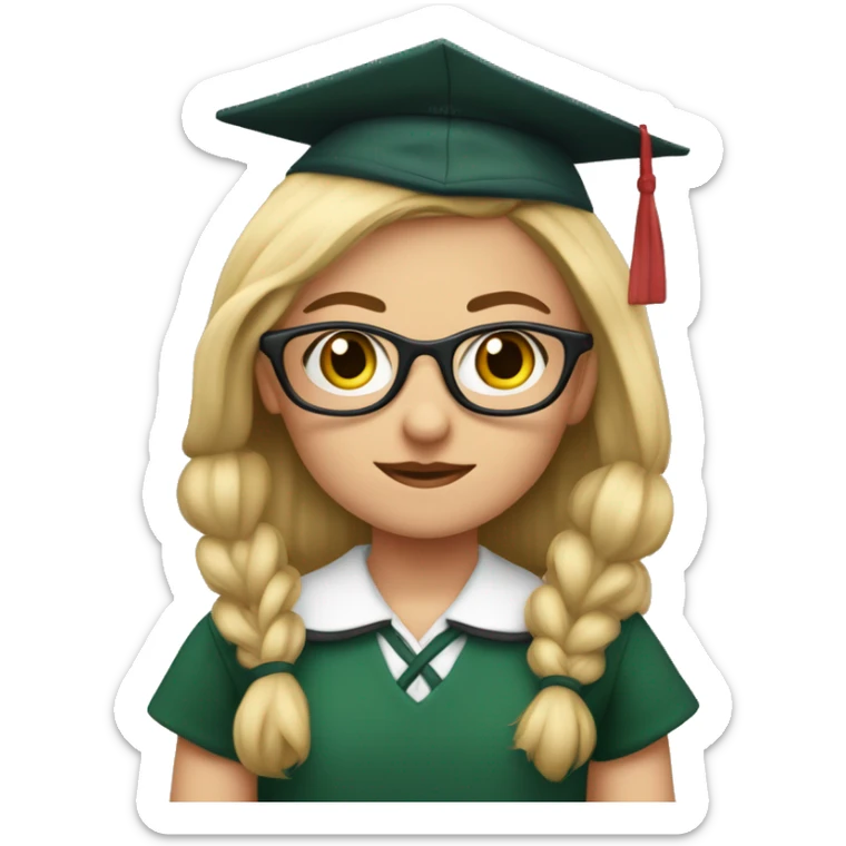 niña rubia, con ojos azules, con gafas rosas y con uniforme de colegio con falda de cuadros verdes y marron sticker