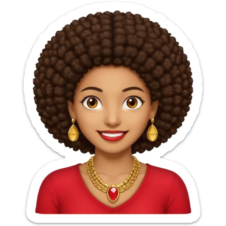 Brownskin girl dark brown hair afro brown eyes smiling red shirt gold esrrings gold necklace sticker