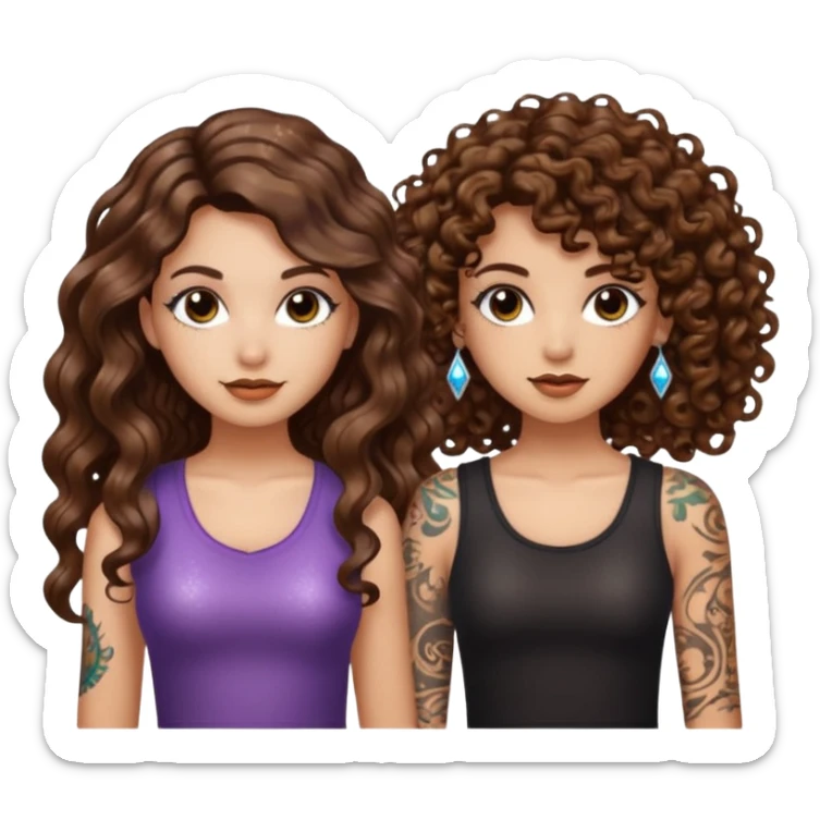 glitter blast — long wavy brown hair tattooed woman and short tight curly brown hair woman — sparkle covered sticker