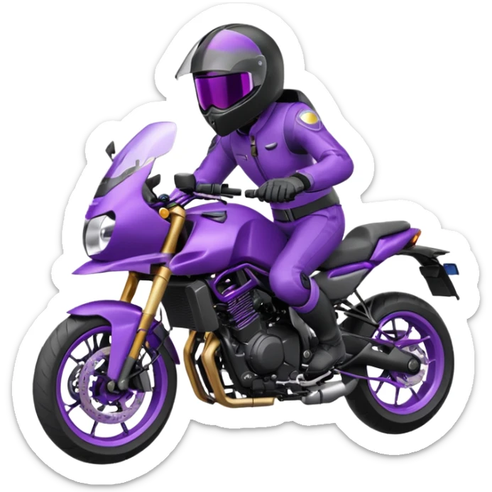 Créer un emoji avec une moto mt07 sport noir mate / violet iridescent très foncé. Avec une pilote dessus visière violet sombre faceless, bulle de la moto violet. Avec fond arrière violet, tenue complète casque inclus violet  sticker