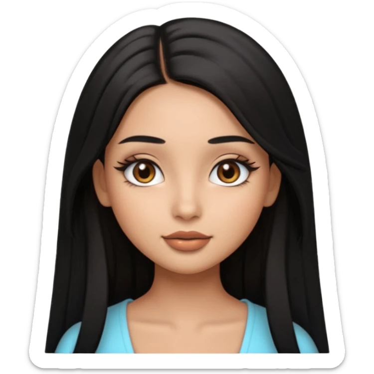 pretty cartoon girl, semi-realistic 3D emoji style, long middle parted straight black hair, tan skin, brown eyes, long eyelashes, soft glam makeup, glossy lips, smooth skin, cute aesthetic,  sticker
