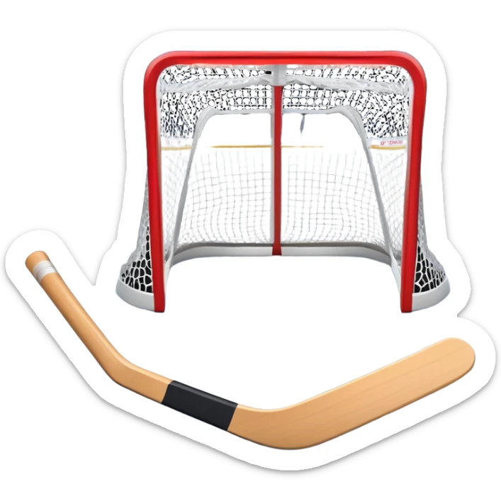 An icon showing a close-up of a hockey stick, puck, skates, and hockey net placed on the ice. The background features a packed stadium with bright lights, cheering fans, and snowy scenery outside. Transparent background highlights the key elements of the game. sticker