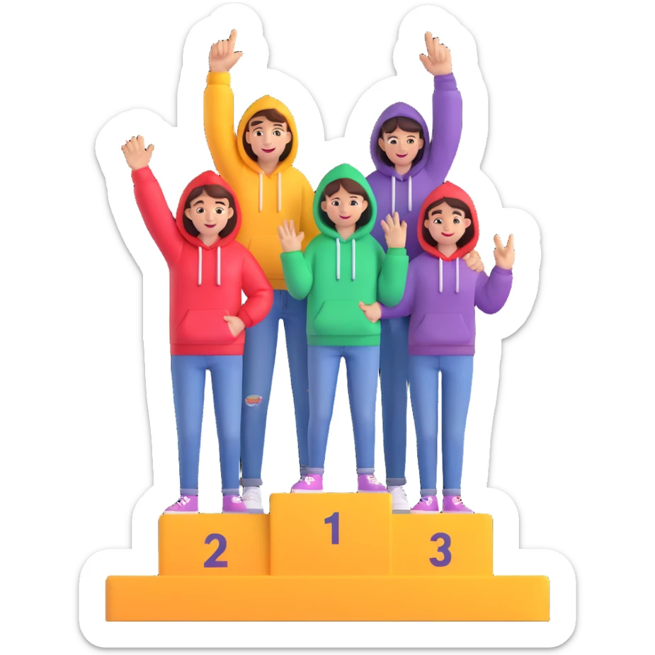 three people in jeans and hoodies on a winners podium labeled 2, 1, 3 left to right, center person on 1 step holding up one finger on each hand, bright, cheerful, expressive, 3D emoji illustration sticker