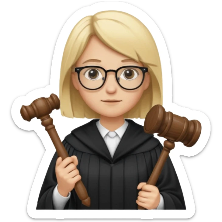 Young judge, blonde hair with glasses and robe, hold a gavel sticker