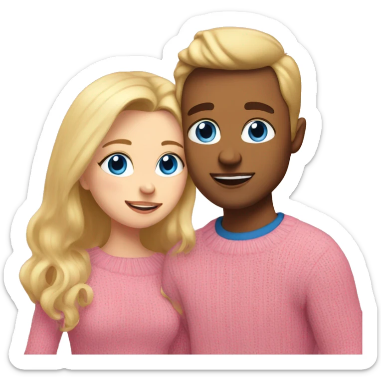 blonde girl with blue eyes in a pink sweater kisses a blonde guy with blue eyes in a brown sweater sticker