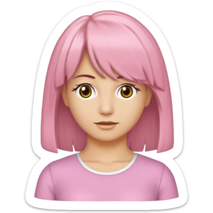 Uma garota de cabelos castanhos escovados médios, side bangs jogada para a direita, uma blusa branca estilo anos 2000 com detalhes em renda óculos com armação douradas e lábios rosados sticker