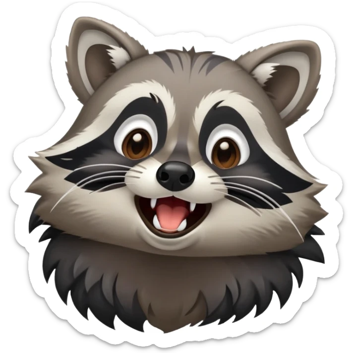 Cinematic-Cute-Yawning-Raccoon-Portrait-Emoji – Head tilted slightly with a dramatic, wide-open yawn, revealing a soft grey and black fur with a striped bushy tail, round brown eyes barely open in drowsy curiosity zoome out to show shoulders sticker
