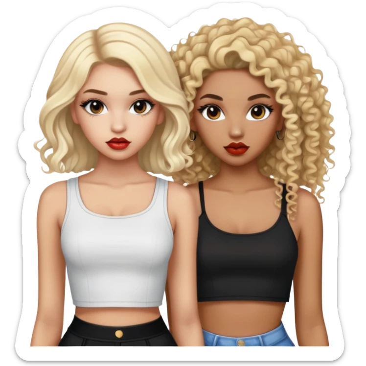 Two teenage girls together, one white with straight blonde hair and one brown-skinned with curly dark hair, both with heavy makeup, big lips, crop tops and choni style clothing sticker