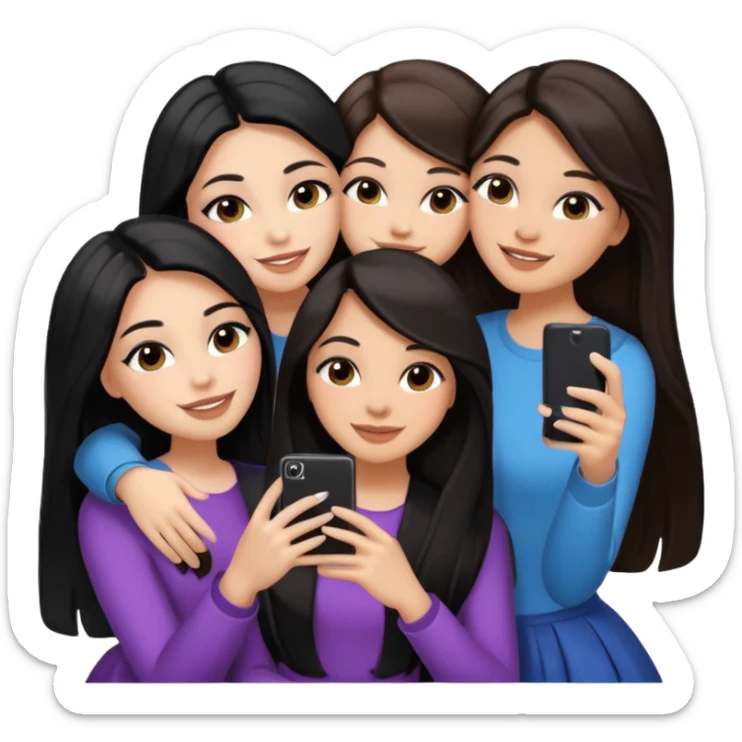 3 girl friends, one with black long hair light skin. one with brown hair long and the last girl one with black with brown medium length hair. Glammed up and hugging  and one talking a selfie and all of them smiling and looking girly all same skin tone  sticker