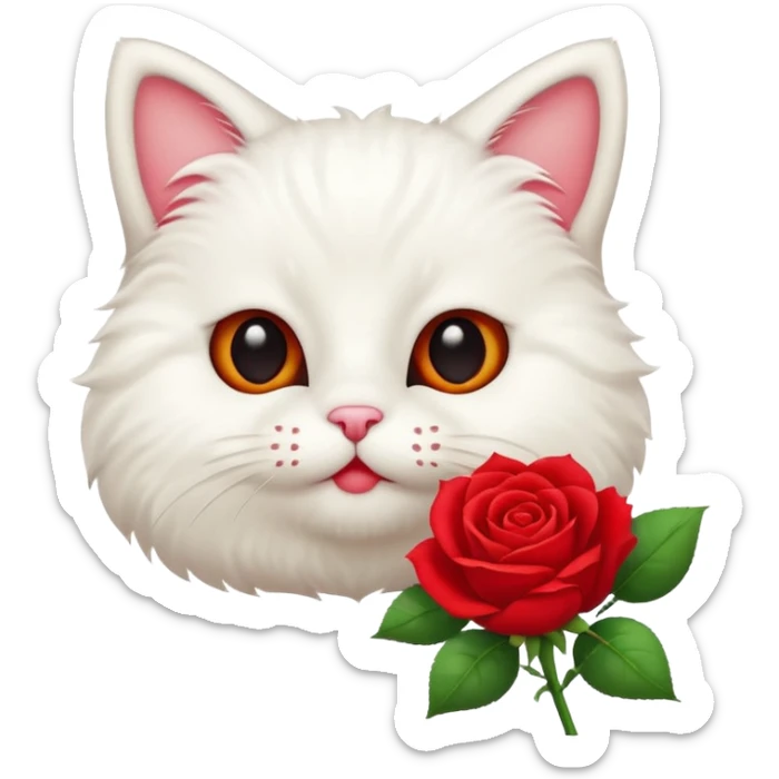 Cute emoji-style white cat holding a red rose in its mouth, big round eyes, fluffy fur, clean mascot style, centered, transparent background, 1:1 ratio. sticker